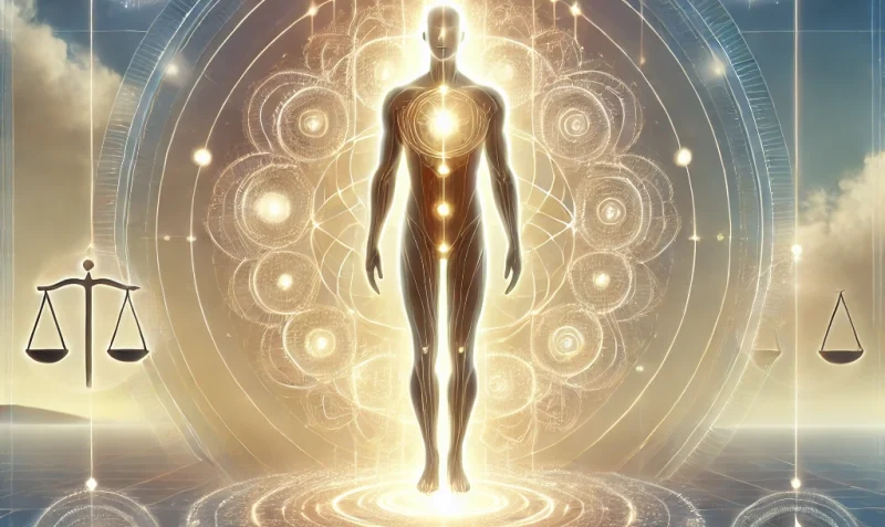 DALL·E 2025-01-16 14.30.45 - A symbolic representation of an integral person, depicting a serene and confident human figure standing on solid ground with a glowing aura of balance